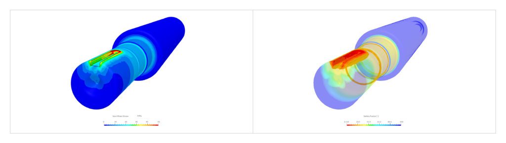 Structural simulation results using mechanical stress and safety factor on an electric motor shaft