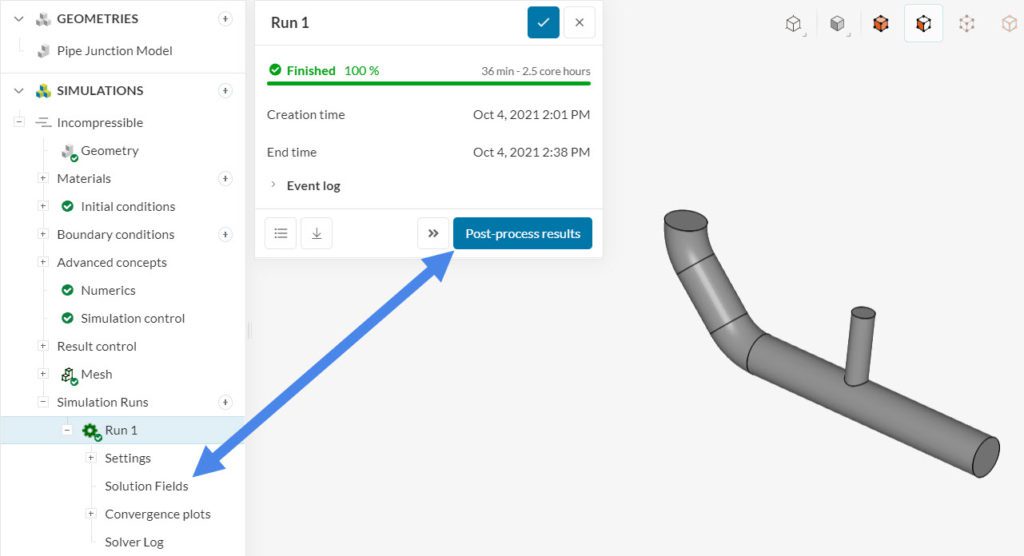 accessing the post-processing environment in SimScale to start post-process of fluid flow simulation