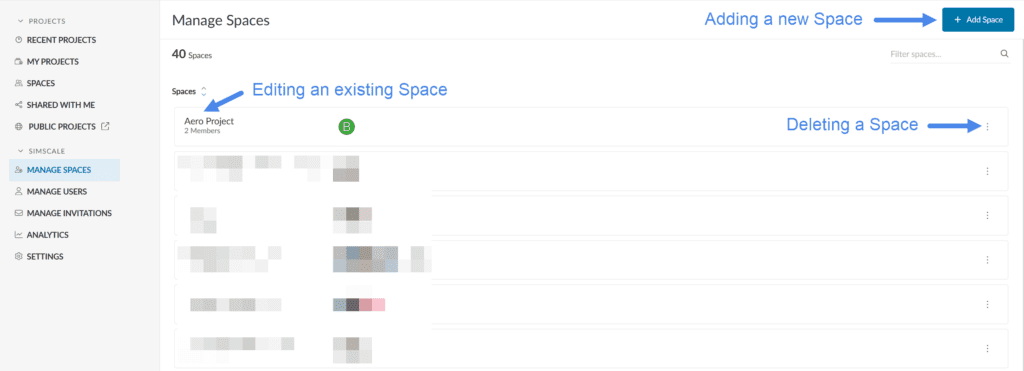 adding deleting and editing spaces in SimScale