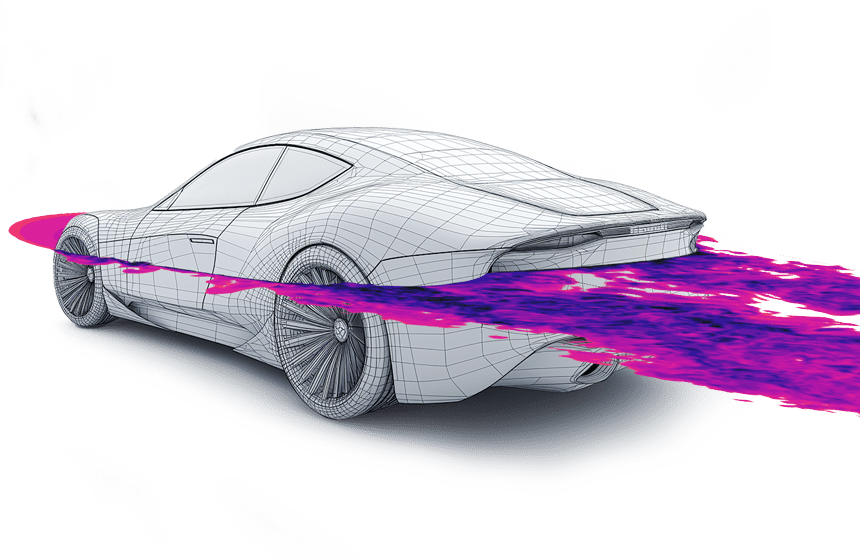 A meshed 3D model of a sports car with CFD simulation of airflow around it shown in purple