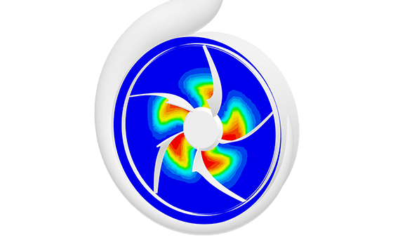 Cavitation simulation results showing volume fraction of gas contours in proximity to the impeller blades, red indicates the highest volume fraction, blue is zero volume fraction