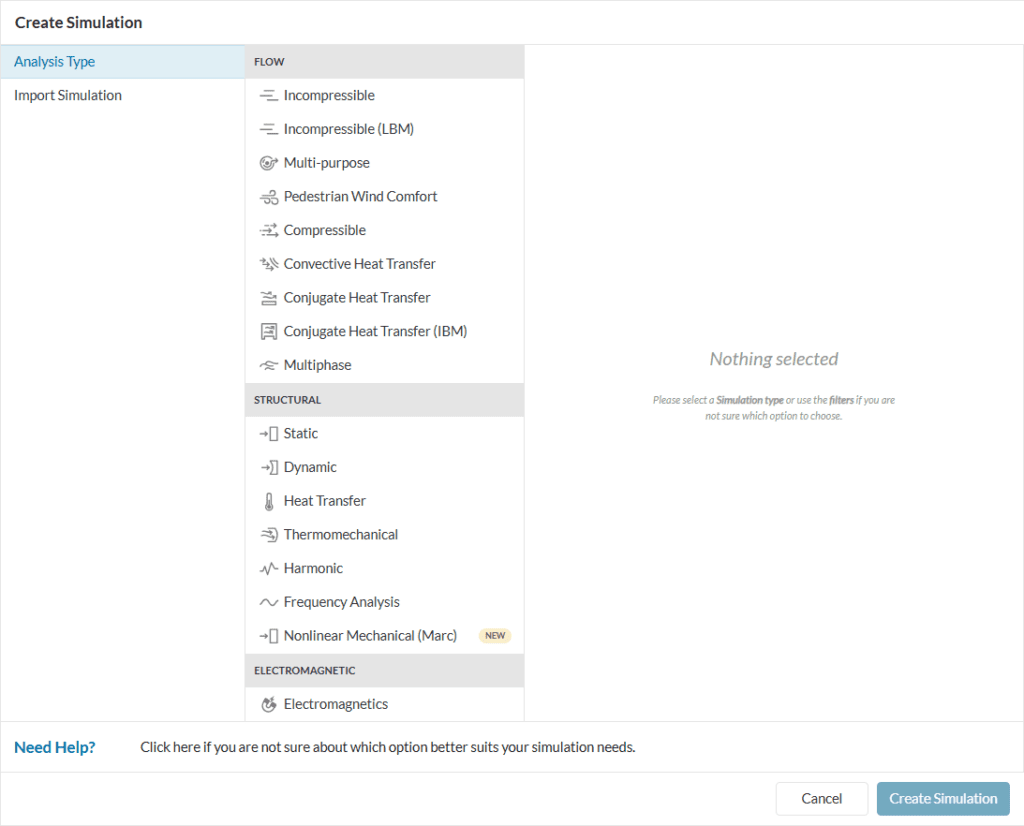 lists of analysis types available in simscale