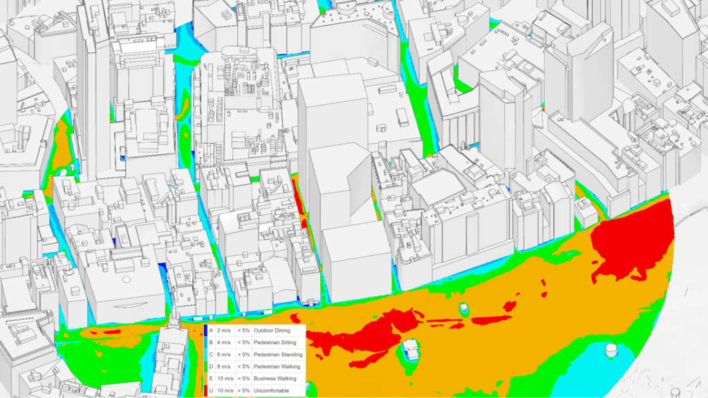 pwc simulation results showing different pedestrian comfort levels as color contours