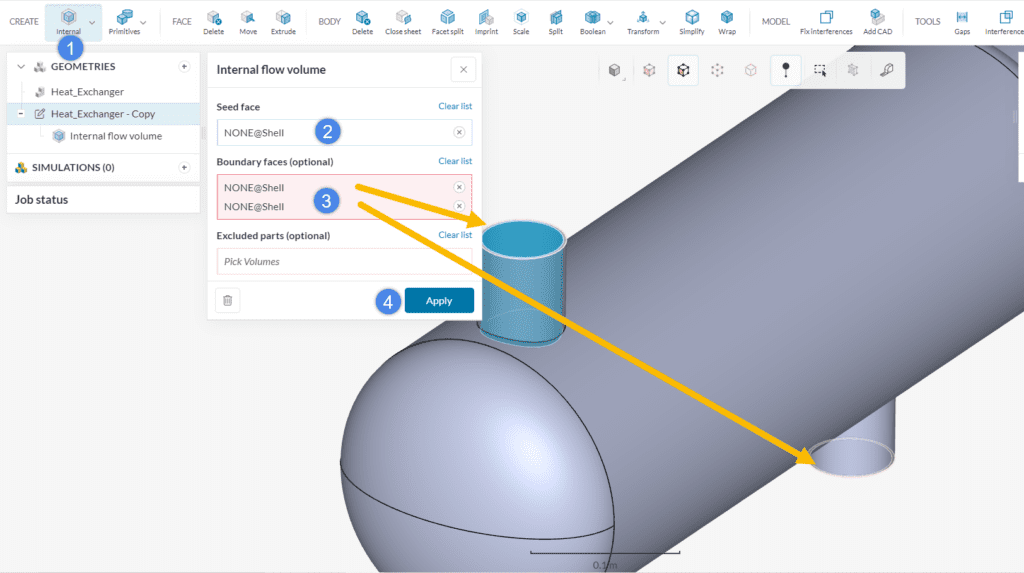 flow volume creation shell side heat exchanger cad editing