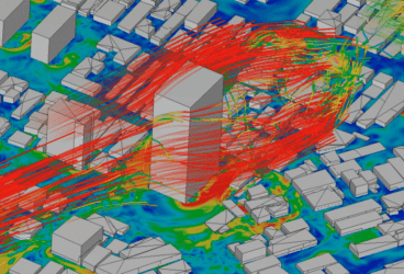 Flow lines around a major building in a simulated city